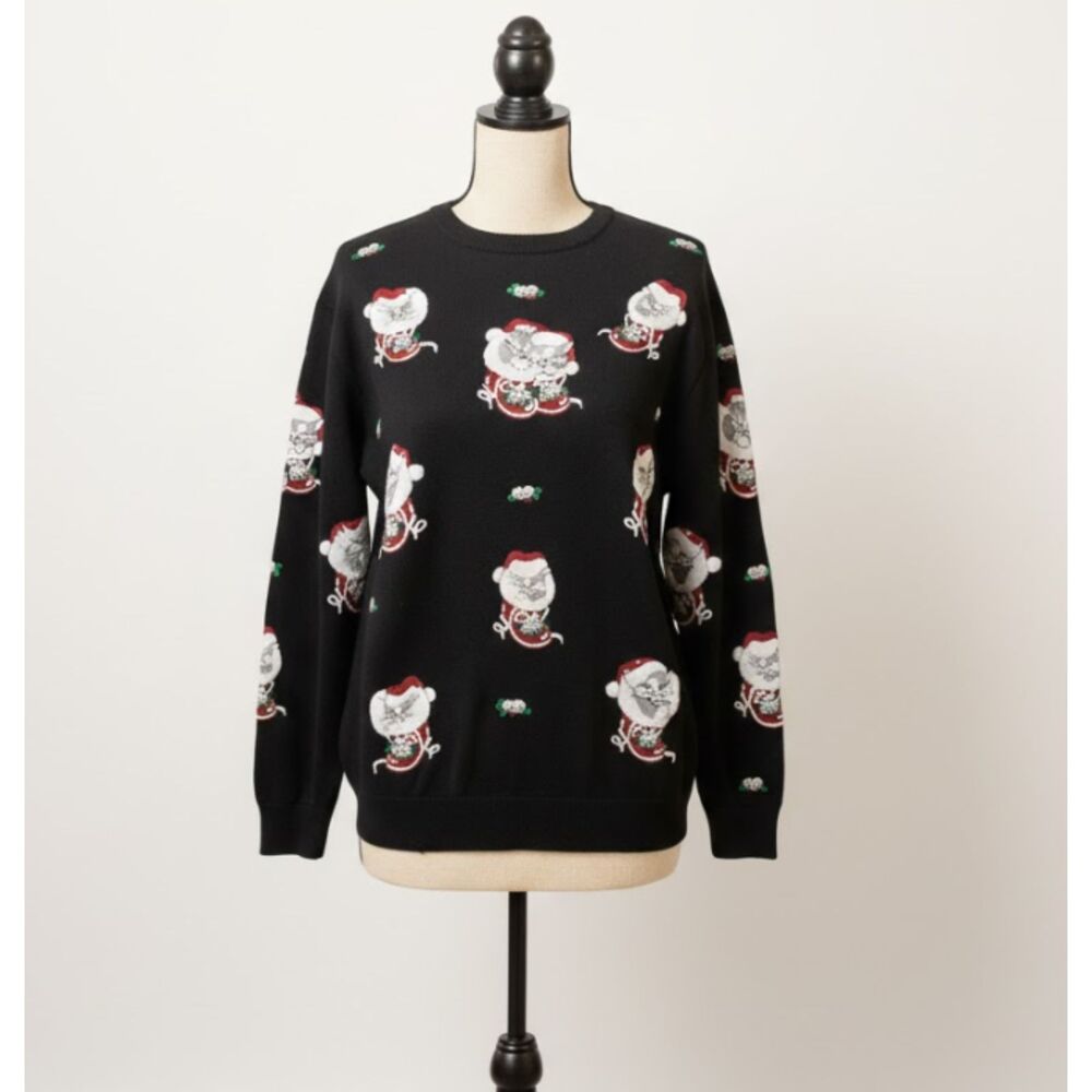 Active Elements Vintage 90s Christmas Black Sweater Cute Kitty Cats Medium